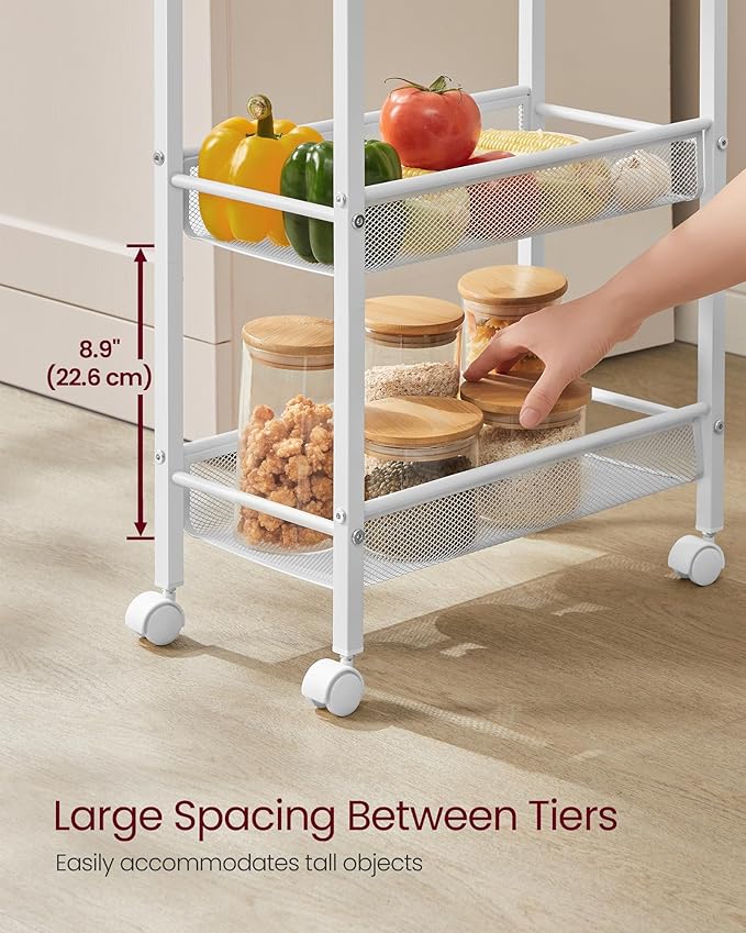 VASAGLE Slim Rolling Cart, 5-Tier Storage Cart, Narrow Cart with Handle, 8.7 Inches Deep, Metal Frame, for Kitchen, Dining Room, Living Room, Home Office, Oak Beige and Classic White ULRC035W09 - Image 6