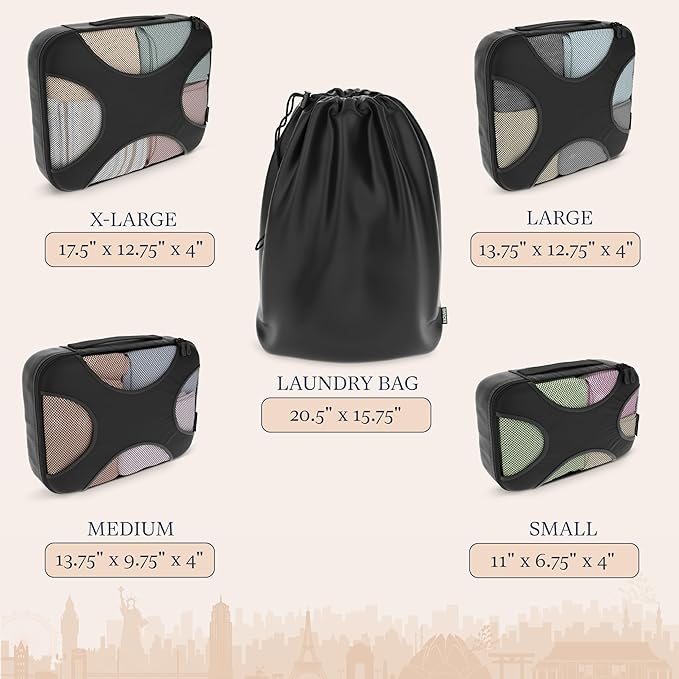 Shacke 5 Set Packing Cubes for Travel with Laundry Bag (Pure Black) | Suitcase Organizer Bags Set: 4 Water-Resistant Luggage Cubes, XL to Small, + Laundry Bag for Carry-On or Checked - Image 4