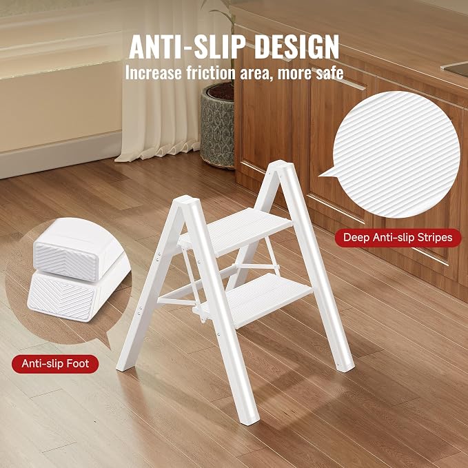 2 Step Ladder, Folding Step Stool with Anti-Slip Wide Pedal | Lightweight, Aluminum Material, 330LBS Load, Portable, Easy Storage, Space Saving, for Kitchen, Bedroom Use, White - Image 5
