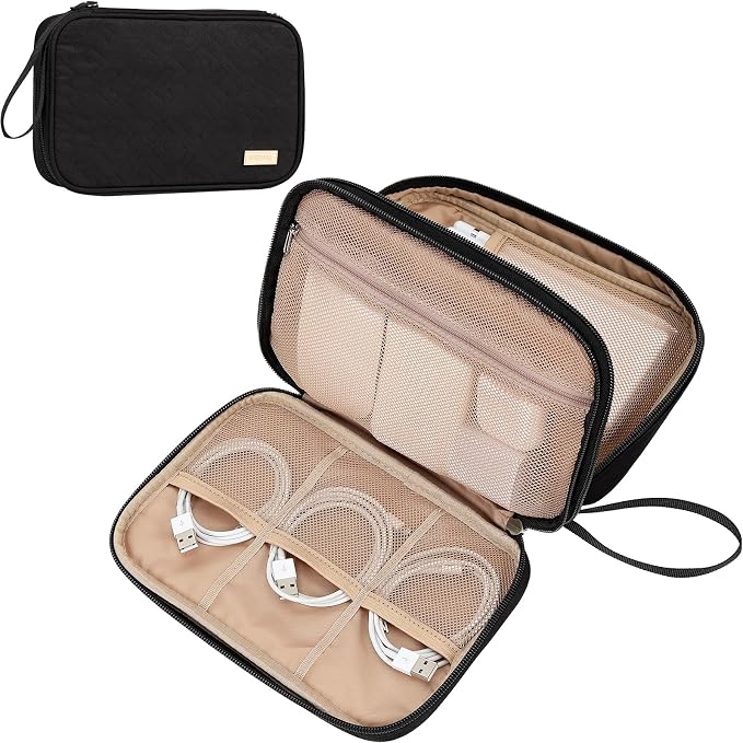 NISHEL Electronics Travel Organizer Cord Case, Charger Cable Tech Bag | Double-layer bag keeps chargers, cables, flash drive, and small tech essentials organized for trip, Large, Black by NISHEL