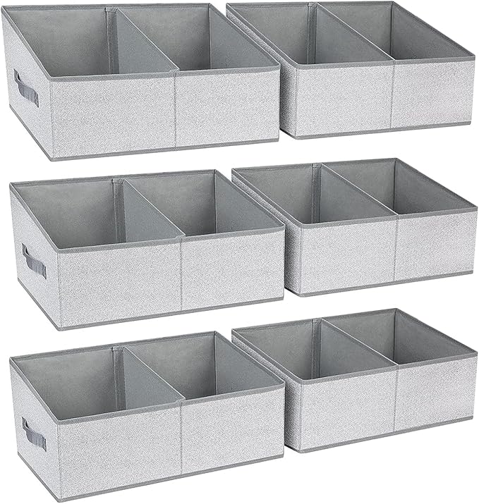 DIMJ Large Closet Shelf Organizer Bins 6 Packs with Handles and Divider, Fabric Trapezoid Storage Baskets, Foldable Clothes Containers Box for Shelf, Towel, Book, Toy, Purse, Hats, Grey by DiMJ