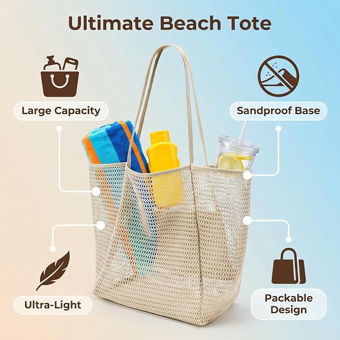 Mesh Beach Tote Bag for Women, Sandproof Quick Dry Foldable Travel Bag - Image 6