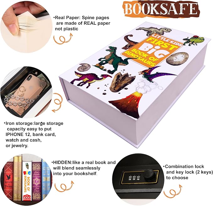 Deversion Book Safe Storage Box with Real Pages Combination Lock and Key Lock Box Money Safe Book Storage Lock Boxes for Personal Items 9.3''x6.0''x2.3'' (Dino-Combo) - Image 4