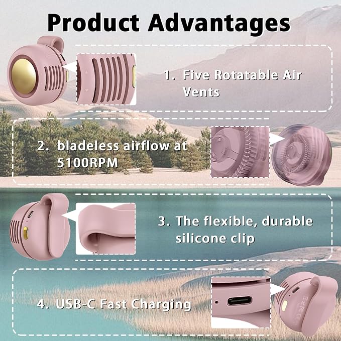 Portable Clip-On Fan, Mini USB Rechargeable 360° Rotatable Fan, Personal Fan 3-Speed Silent Mini Bladeless Fans (1 pack（Pink）) - Image 3