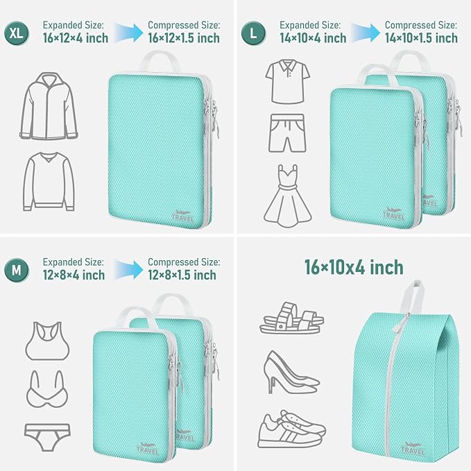 6 Set Compression Packing Cubes, Suitcase Organizer, Lightweight Travel Essentials, Compression Bags For Travel Accessories Luggage Storage Set (6Pcs, Blue) - Image 2