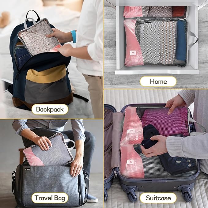 Compression Packing Cubes 8 Set, Dual Zipper Compression Packing Cubes for Travel, See-Through Mesh Packing Bags for Suitcases, Compression Travel Cubes with Shoe Bag (Pink) - Image 6