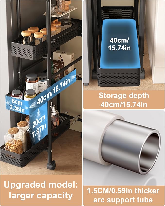 UMDONX 4-Tier Narrow Mobile Storage Cart with Pull-Out Baskets | The Multifunctional Pull-out Storage Rack Is Suitable for Bathrooms, Kitchens, and Laundry Rooms - Image 3