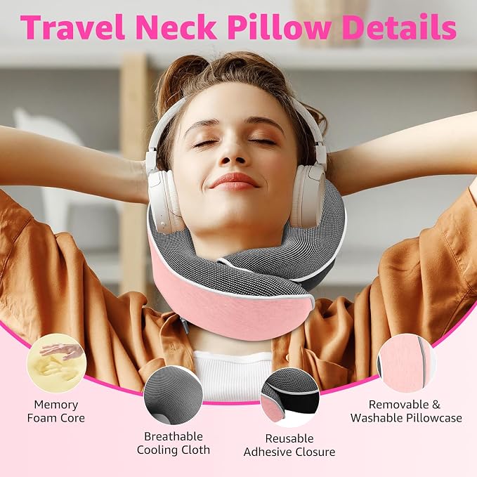 Memory Foam Travel Neck Pillow | Ergonomic 360 Degree Head Support for Airplane, Car and Office Sleeping, with Breathable Cotton Cover and Carry Bag, Pink-2 - Image 5