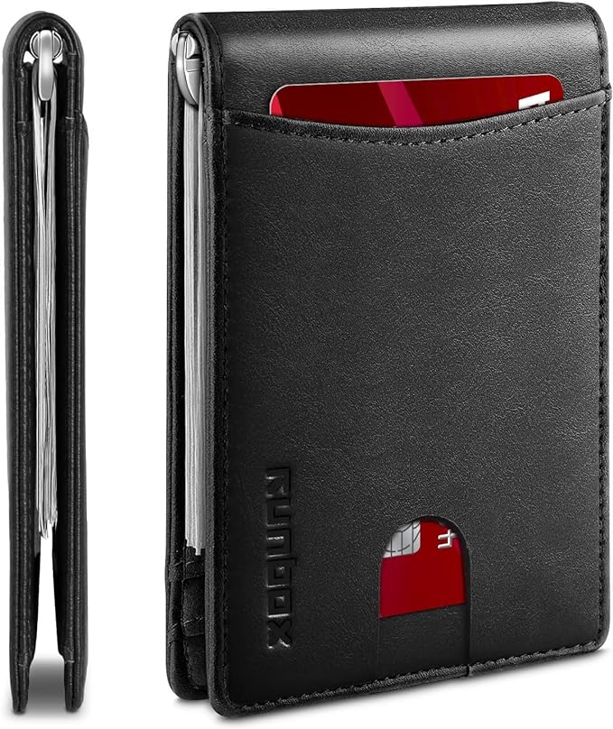 RUNBOX Slim Wallet for Men Genuine Leather RFID Blocking Bifold Minimalist Front Pocket Mens Wallet with Money Clip Thin Gift Box by RUNBOX