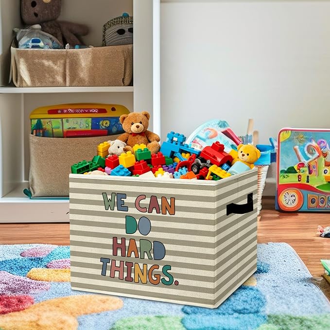 Rustic Boho Classroom Storage Bins Boxes with Handles | toys books clothes, we can do hard things grey striped nursery foldable basket for organizing bedroom toddler room playroom - Image 2