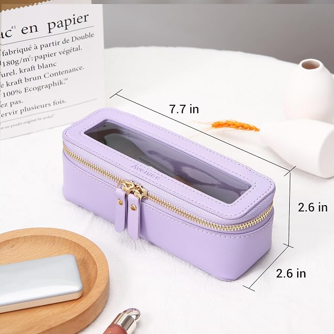 Aveniee Clear Makeup Brush Bag, Slim Brush Holder Cosmetic Case, Small Travel Toiletry Bag for Women, Thin Make up Bags with Dual Zipper, Cute Travel Essentials Srorage Bag.Lilac - Image 3