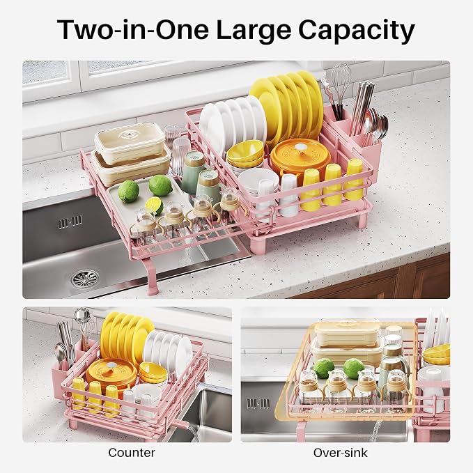 SNTD Expandable Dish Drying Rack for Kitchen Counter, Stainless Steel, Pink | Foldable Over Sink, Large Capacity, Adjust to Fit Most Sinks, Angled Drainboard, Removable Utensil Holder, Slip Resistant - Image 3
