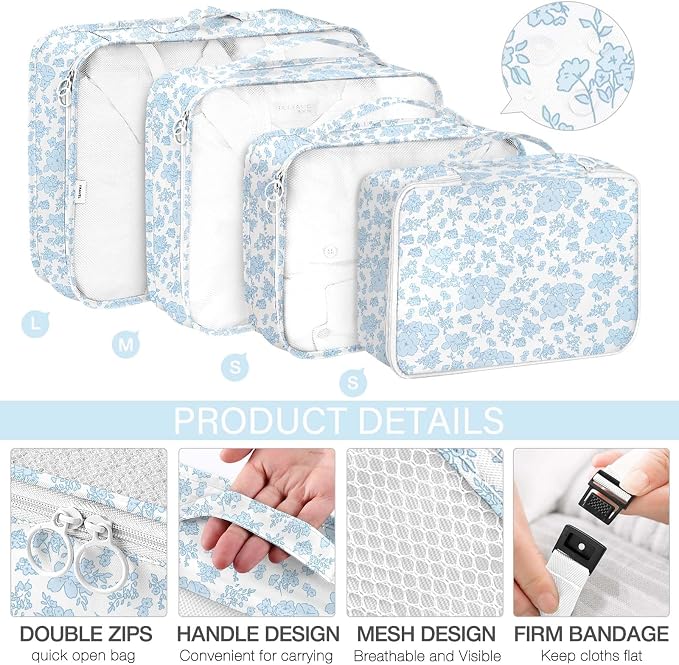 8 Set Packing Cubes for Travel, Luggage Packing Organizers Accessories Large Toiletries Bag for Clothes Shoes Cosmetics (Blue Flower) - Image 3