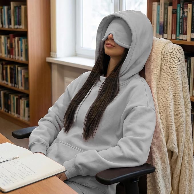 Ainangua Womens Oversized Pullover Essentials Hoodie with Eye Mask Comfor Airplane Mode Travel Office Vacation Sweatshirt (Gray,L) - Image 5