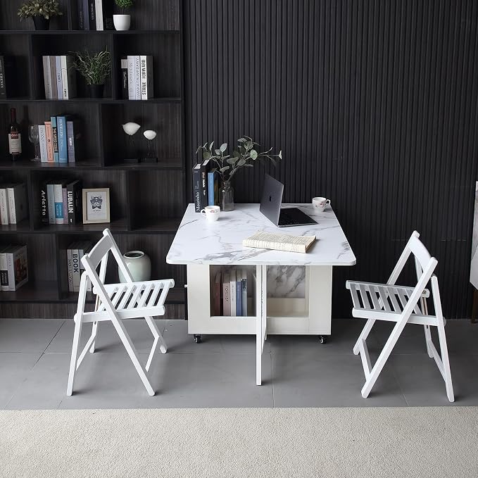 Folding Dining Table with Storage, Kitchen Table for Small Spaces | Foldable, Drop Leaf, Movable, 4 Wheels, Space Saving, Extendable, Marble Texture Top, for Apartment Kitchen Living Room White - Image 10