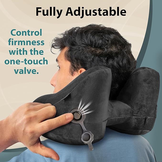 FLOWZOOM Air Inflatable Neck Pillow for Traveling on Plane - H-Shape Hooded Airplane Pillow with 5 Snooze Modes, Fast Inflation, Pressure Control, Cozy Clip-On Hood & Plushy Cover - Size L, Jet Black - Image 3