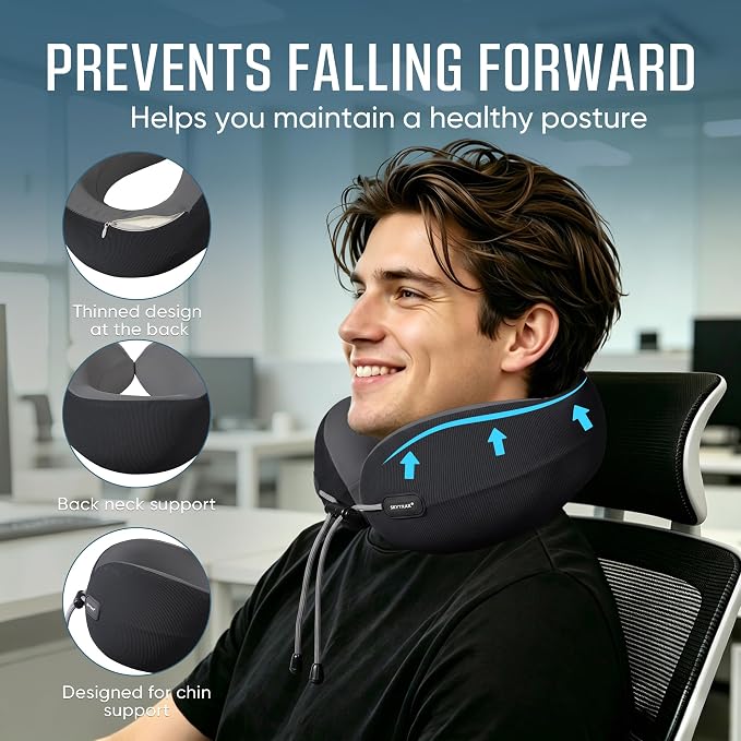Premium Travel Neck Pillow Cooling Ice Silk Memory Foam Cervical Pillow for Airplane & Long Flights, Ergonomic Neck Support for Sleeping & Pain Relief, Washable Cover, Compact Carry Case (Black) - Image 3
