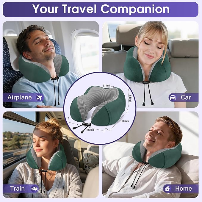 CloudBliss Memory Foam Travel Neck Pillow Airplane, 2 Pack, Black & Green - Image 7