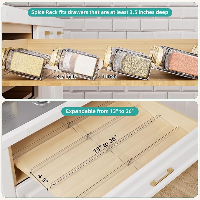 MIUKAA Acrylic Spice Drawer Organizer, 5 Tier - 10 Pack Seasoning Organizer for Drawer, Expandable From 13" to 26" Kitchen Drawer Spice Rack (Jars not Included) - Image 5