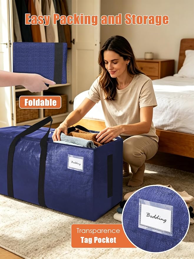 SWEET DOLPHIN 8 Pack 200LB Heavy-Duty Moving Bags with Wrap-Around Handles, Extra Large Storage Totes for Space Saving, Clothes Storage Bags, College Dorm Essentials, Blue, 24 Gal - Image 3