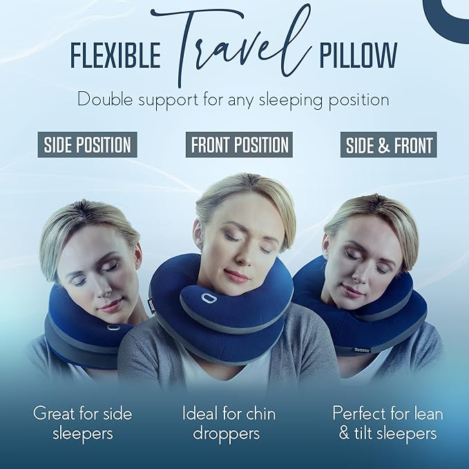 BCOZZY Travel Neck Pillow for Airplane – Patented Double Support for Head, Neck, and Chin. Best for Long Flights, Plane Sleeping & Car Rides. Adjustable Size. Fully Washable. Carry Bag. X-Large, Gray - Image 2