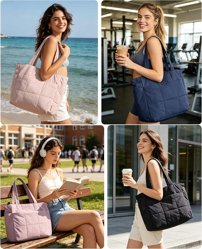 LIGHT FLIGHT Tote Bag for Women, 2-Pc Puffy Tote Bag Set with Compartments, Lightweight Large Shoulder Handbags for Travel - Image 2