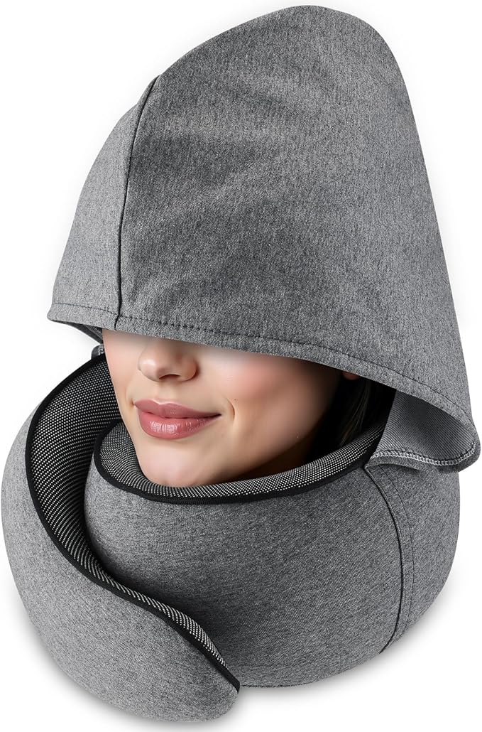 Travel Pillow with Hood (Dark Gray) - for Airplane Travel and Car Ride Nap, Foldable Hood, Slow-Rebound Memory Foam, 360 Ergonomic Design, Compact and Portable in Travel Bag by Unknown