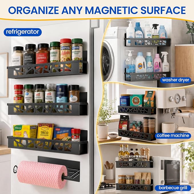 Magnetic Spice Rack with Paper Towel Holder,4 Pack refrigerator organizer | Space Saving Magnetic Shelf Storage,No Drill,Storage Spices, Snacks & Kitchen Essentials,Small Kitchen,Apartment or RV - Image 7