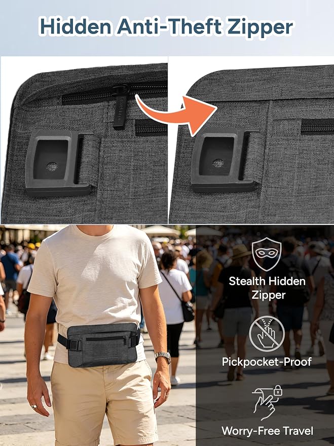 Hidden Money Belt for Travel, RFID Blocking Waist Wallet, 2 Zippers | Ultra-Slim Money Belt; RFID-Blocking Waist Pack; 2 Zippered Pockets; Moisture-Wicking; lightweight - Image 4