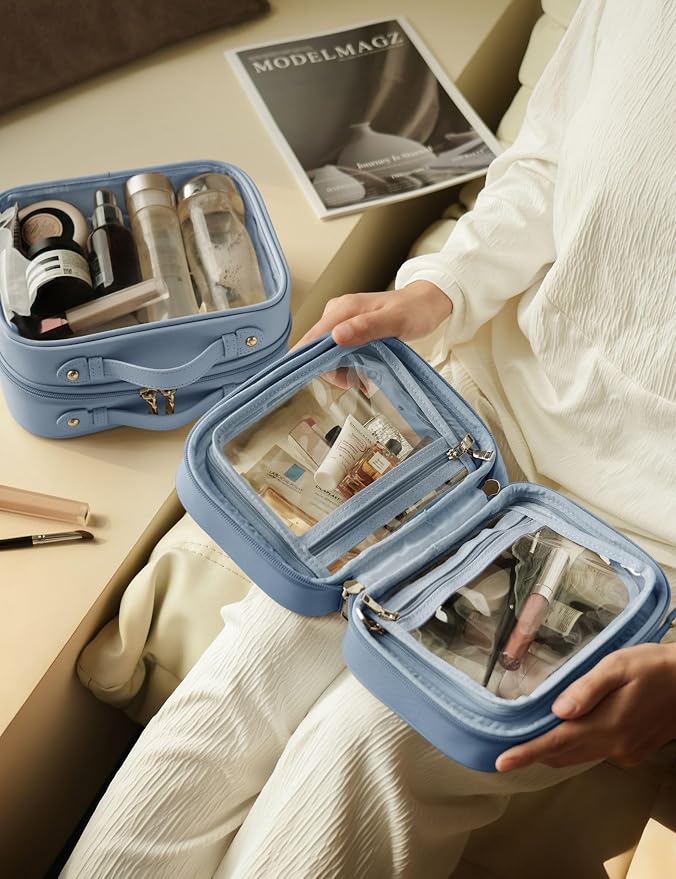 Clear Cosmetic Bag Double Layer Travel Toiletry Bag Clear Makeup Bag Case with 4 Compartments, Transparent Travel Bag for Toiletries, Large Toiletry Bag for Women Cosmetic Case (Dusty Blue, Small) - Image 6