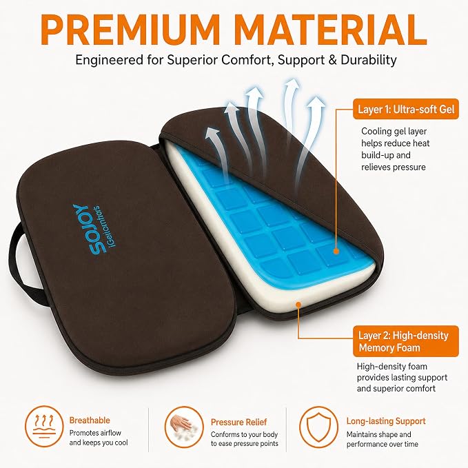 3-in-1 Foldable Gel Seat Cushion with Memory Foam Ergonomic Portable Cushion for Back Pain & Tailbone Relief - Perfect for Office Chair, Airplane Travel & Stadium Seats (18.5" x 15" x 2" Brown) - Image 5