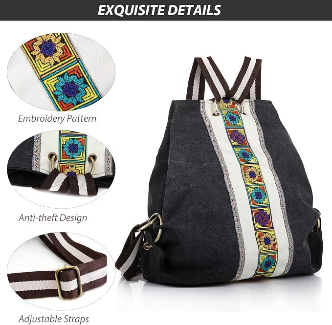 Goodhan Women Canvas Backpack Daypack Casual Shoulder Bag, Vintage Heavy-duty Anti-theft Travel Backpack Grey Black 2 - Image 2