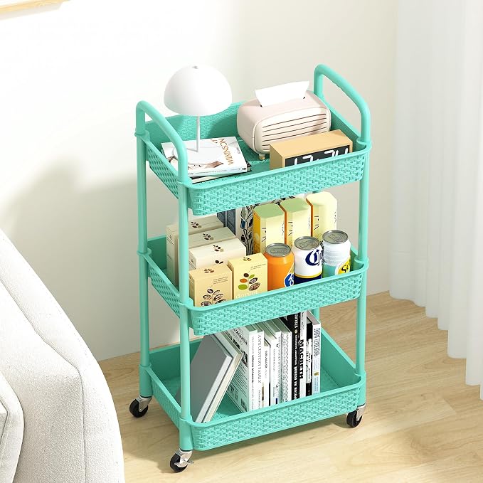 MOYIPIN 3-Tier Plastic Rolling Utility Cart with Handle,Turquoise | Utility Storage Cart for Office, Living Room, Kitchen,Movable Storage Organizer，Easy installation，Rattan-like art design - Image 3