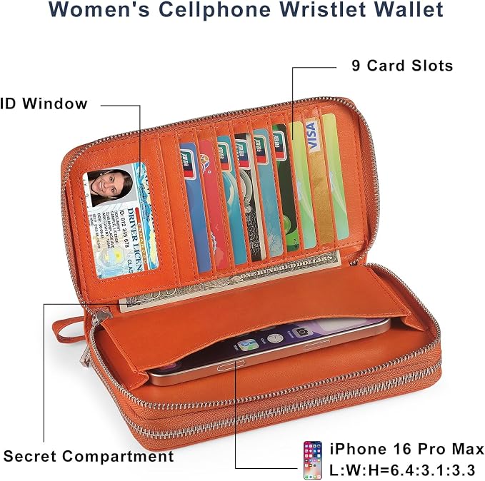 RFID Blocking Cellphone Wallet for Women Dual Zipper Wristlet Large Capacity 17 Card Slots Ladies Travel Clutch Purse with Removable Strap, Orange - Image 4
