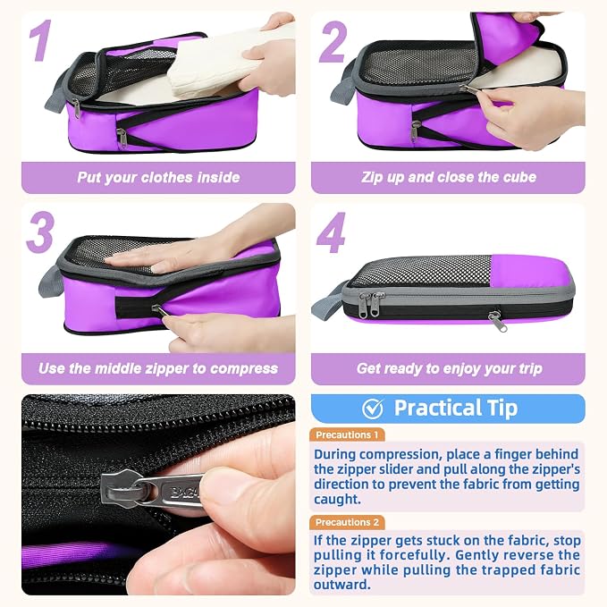 BAGAIL 4 Set/6 Set/8 Set Compression Packing Cubes Travel Accessories Expandable Packing Organizers(Purple HalfMesh 6 Set) - Image 4