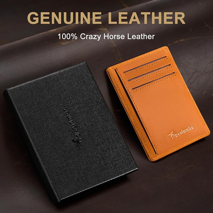 Travelambo 100% Genuine Leather Wallet for Men and Women, Slim Minimalist RFID Blocking Front Pocket Credit Card Holder with Gift Box(Brown 02) - Image 2