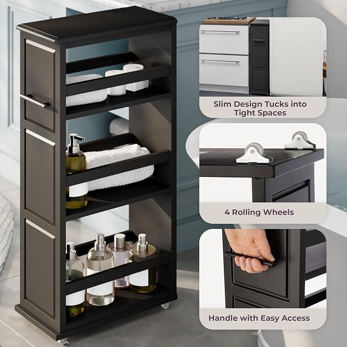 Lavish Home 3 Tier Slim Utility Rolling Storage Cart, Black, 16.7”W x 9”D | Narrow Rolling Cart Storage Organizer with Handle and Wheels for Bathroom, Laundry Room, and Kitchen, Pull-Out Home Organizer - Image 5