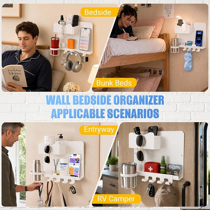 Metal Bedside Wall Shelf, No Drill Floating Bedside Shelf Wall Organizer | Bedside Wall Shelf with Detachable Cup Holder for Bedroom, Dorm, Nightstand Alternative, Bunk Bed Accessories & RV Storage - Image 6