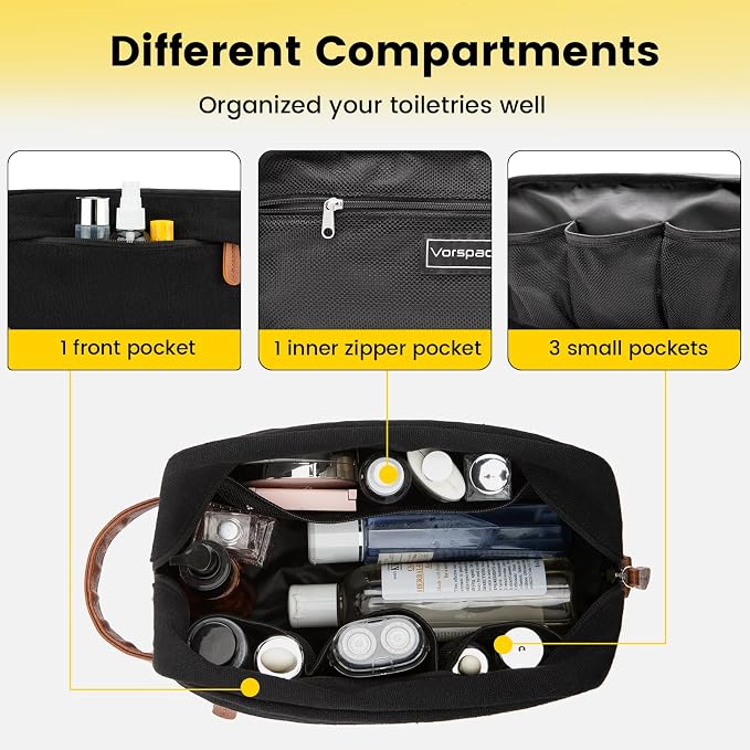 Vorspack Canvas Travel Toiletry Bag for Men, Medium, Black | Water-Resistant Travel Bag for Toiletries, Large Capacity, Organized Compartment, Suitable for Shaving, Grooming, Accessories - Image 3