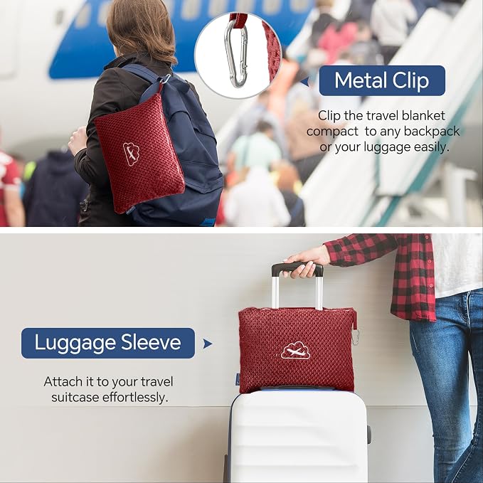 BEDELITE Travel Blanket with Bag, Jacquard Fleece Blanket 65"x40", Burgundy | Ultra-soft Airplane Blanket, Luggage Sleeve & Backpack Clip, Travel Essentials for Women, Foldable as Pillow for Long Flight - Image 5