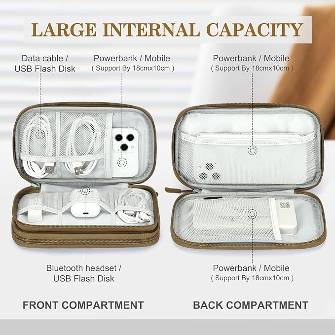 FYY Electronic Organizer, Travel Tech Pouch Bag, Medium, Brown | Wrist Strap, Waterproof, Double Layers Portable Electronics Travel Carrying Case for Cord, Charger, Daily Business Trips Use - Image 3