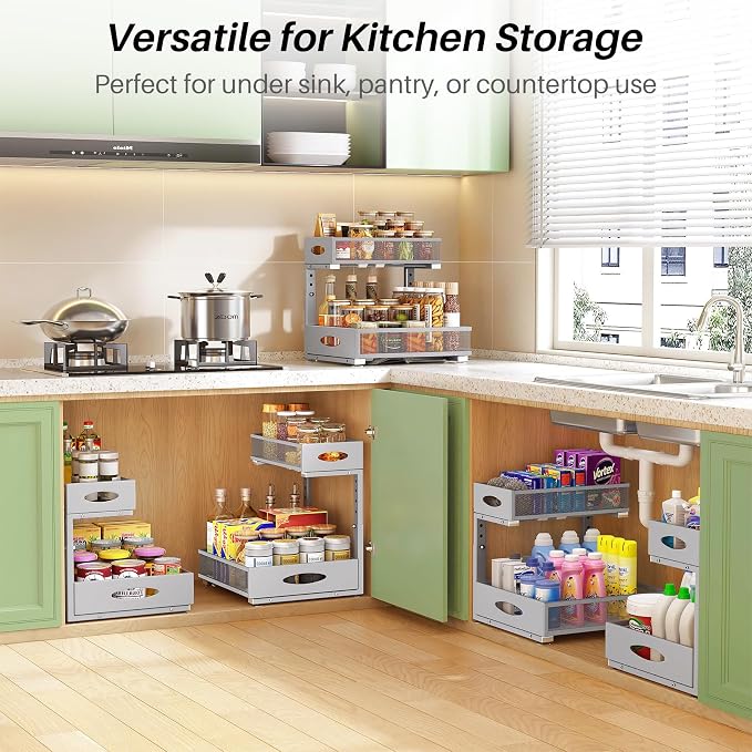 Under Sink Organizer, 1-Pack Pull Out Cabinet Organizer 2 Tier Metal Slide Out Storage Shelf Rack, L-Shaped Adjustable Height,Mesh Sliding Drawer for Kitchen, Bathroom, Laundry, Pantry, Grey, XL - Image 8