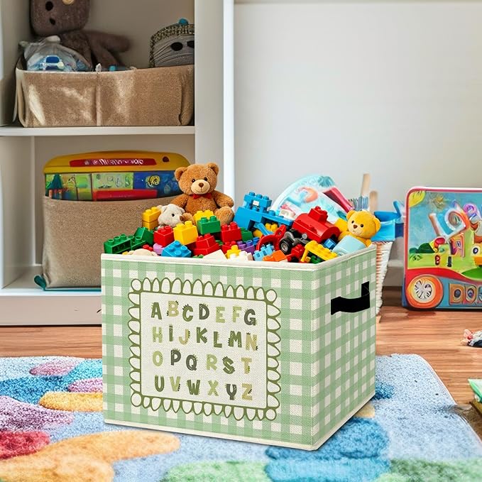 Dinosaur Alphabet Classroom Storage Bins Box with Handles Organizer Basket | ABC educational foldable basket for organizing, green gingham collapsible toys clothes for nursery bedroom playroom, 10x14 in - Image 2