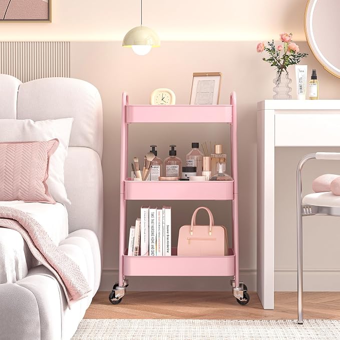 TOOLF 3 Tier Metal Rolling Cart, Utility Storage Cart with Wheels, Pink | Screwless Assembly, Lockable Metal Wheels, Trolley Organizer for Bathroom, Kitchen, Office, Dorm, Laundry, Craft Room - Image 5