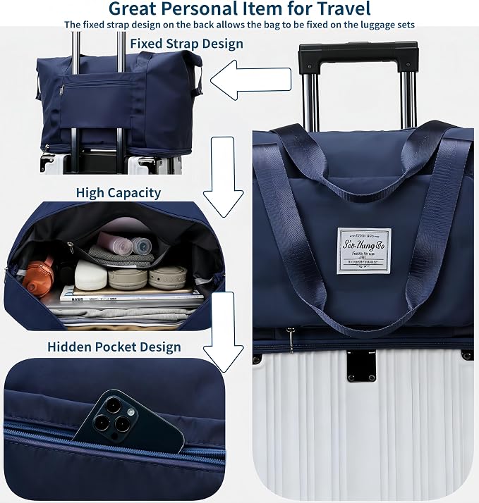Large Capacity Foldable Travel Bag, Expandable lightweight Carry on Bag, Dry with Wet Separation Spor Duffel Bags (Dark Blue) - Image 3