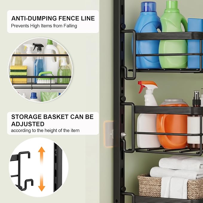 Over The Door Pantry Organizer, 8 Tier Adjustable Pantry Door Organization and Storage, Door Mounted Spice Organizer with Hooks for Pantry Kitchen Essentials, Black - Image 7
