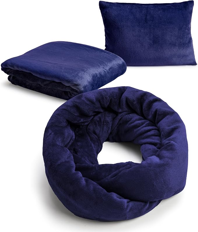 NAPRO 3‑in‑1 Travel Blanket Pillow Scarf – Convertible 50×80″ Blanket, 12×16″ Pillow, 80″ Infinity Neck Pillow – Lightweight, Plush – Navy Blue by NaPro