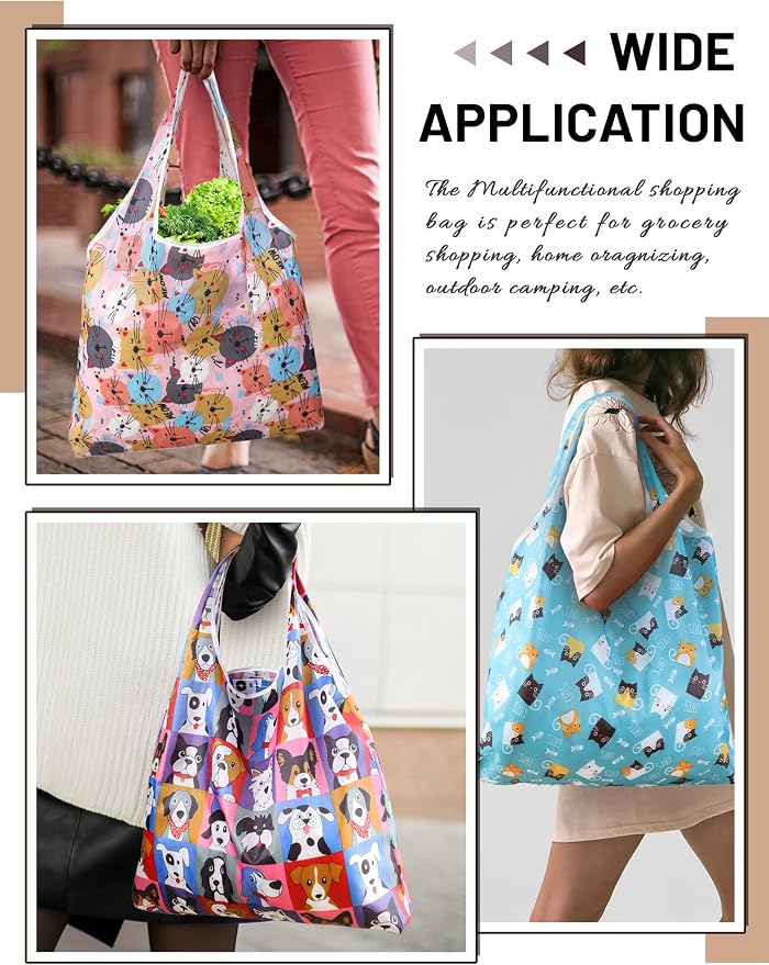 4 Pcs Reusable Grocery Bags, Foldable Shopping Bags Heavy Duty, Large Nano Bag Cute Tote Bag for Daily Shopping, Waterproof and Machine Washable (Animals) - Image 6