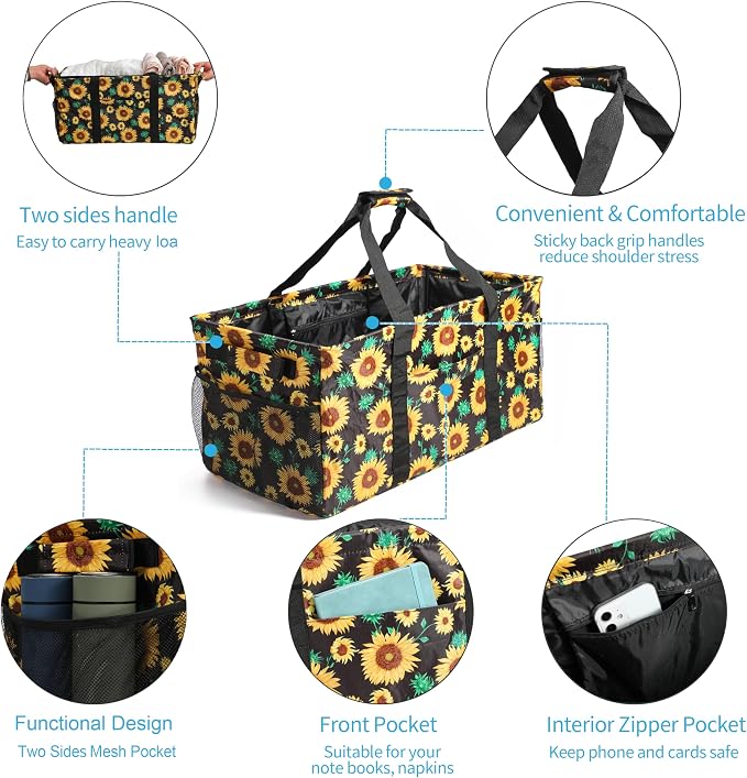 Joyfol Day Extra Large Utility Tote Bag, Reusable Grocery Bags Foldable, Upgraded Metal Frame, With Sturdy Handles Reinforced Bottom Heavy Duty Oxford Fabric Moving Shopping Bags, Sunflower - Image 6