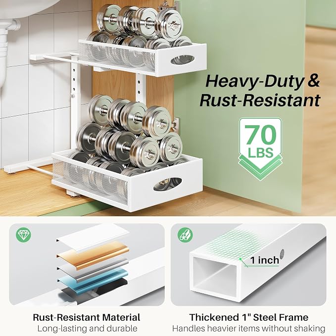 Under Sink Organizer, 1-Pack Pull Out Cabinet Organizer 2 Tier Metal Slide Out Storage Shelf Rack, L-Shaped Adjustable Height,Mesh Sliding Drawer for Kitchen, Bathroom, Laundry, Pantry, White, XL - Image 6